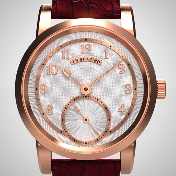 - 18k Rose Gold Case and Accents
- Frosted Silver White Dial